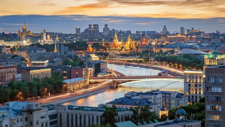 overview of a city in Russia at night