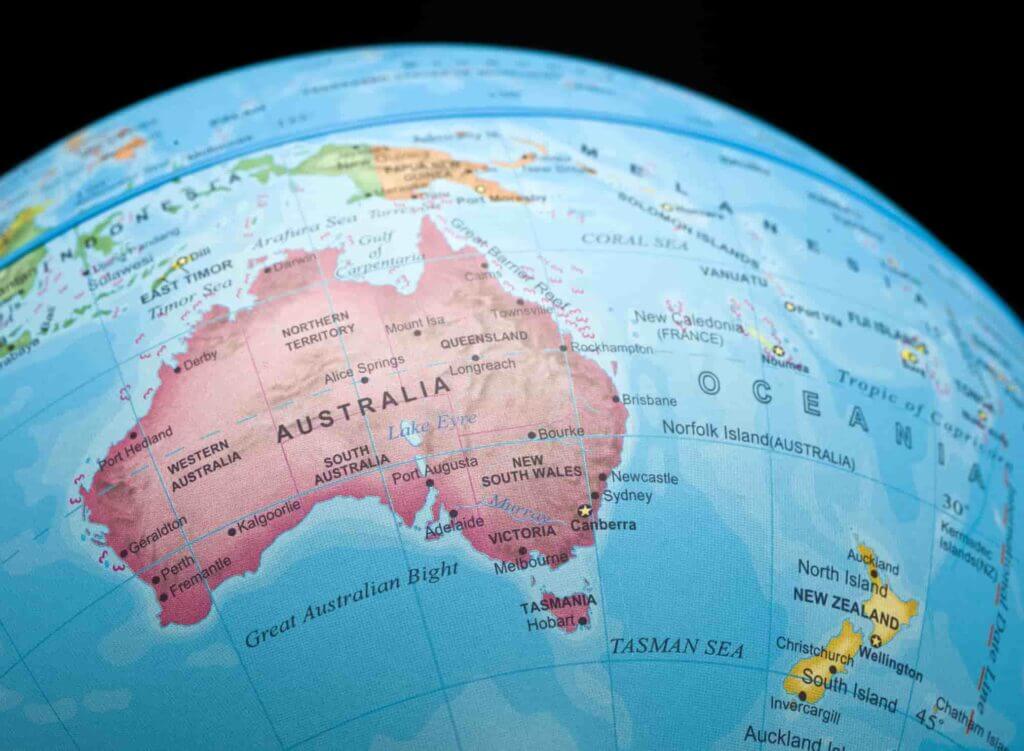 Australia and New Zealand's maps on a globe