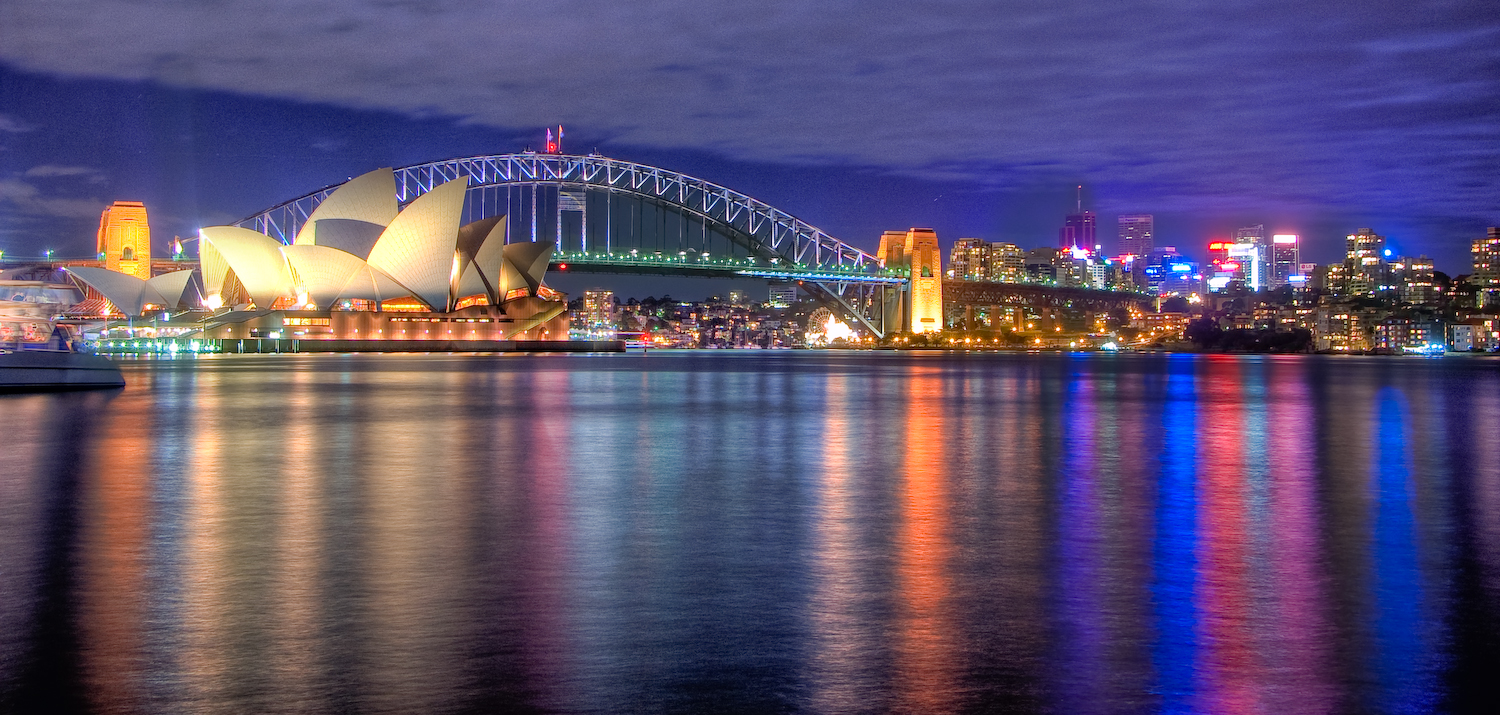 a view to colourful Sydney at night