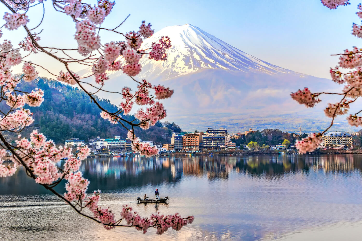 Landscape Of Kawaguchiko Lake and Sakura with Fuji Mountain, Japan