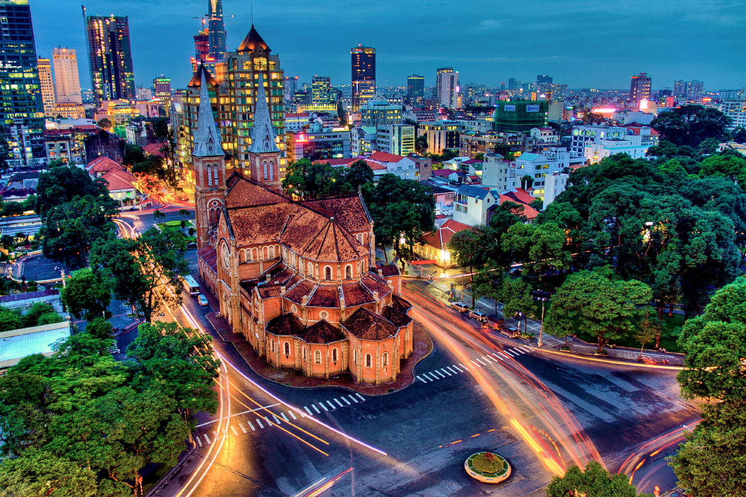 overview of Notre Dame Catholic Basilica and Ho chi Minh cityscape, Saigon, Vietnam