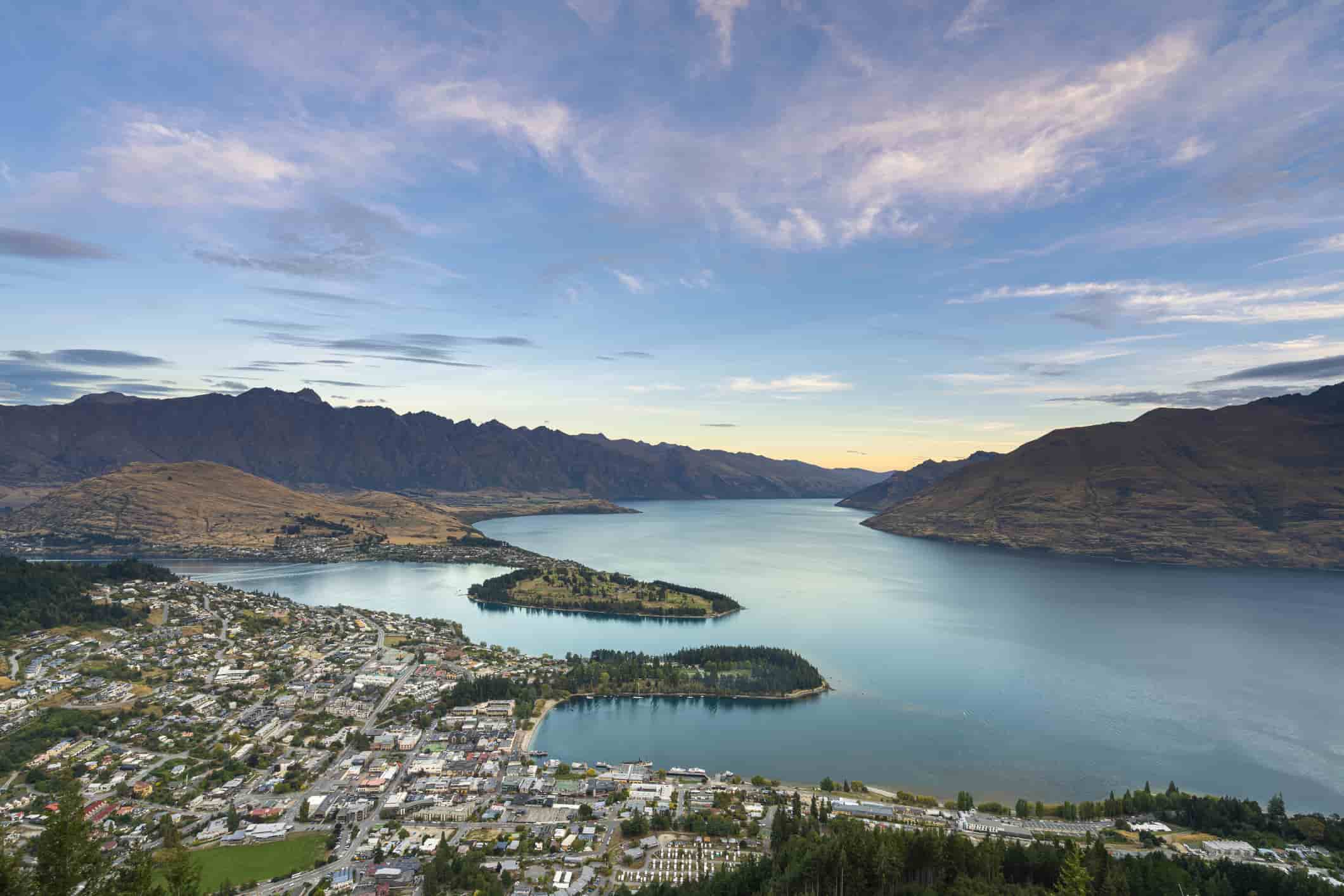 Landscape of Queenstown and Lake Wakatipu at dusk Otago Region