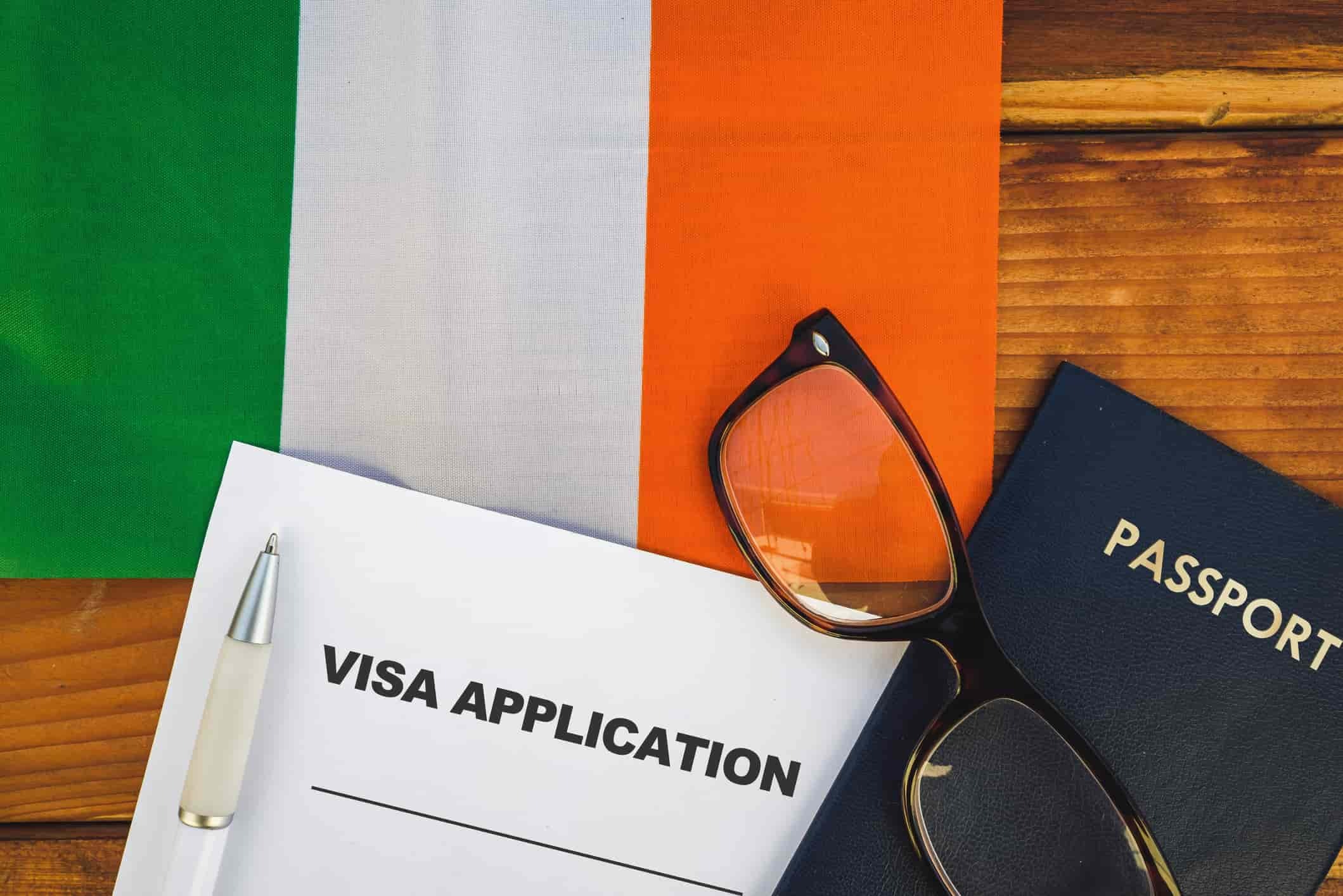 Irish flag, visa application form and passport