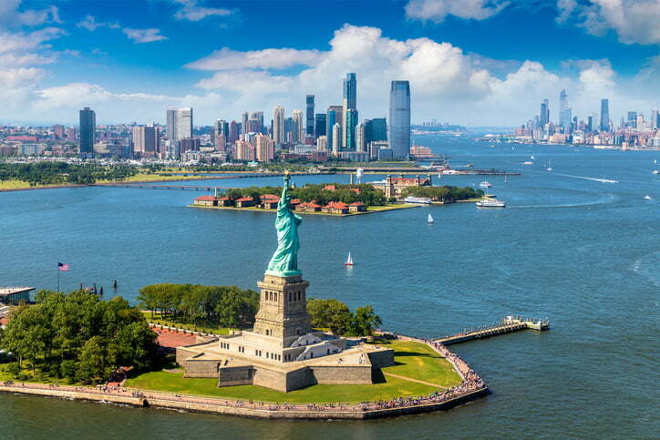aerial view of Statue of Liberty and Manhattan in New York